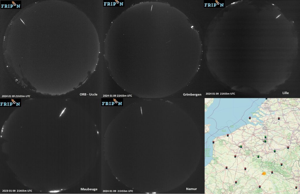Figure 4- Images réalisées à partir des vidéos enregsitrées par les 5 caméras du réseau Fripon et Fripon-Belgium ayant enregsitré le bolide du 9 janvier 2024, 21h 55min TU. Crédit : Vigie-Ciel/Fripon et Fripon-Belgium
